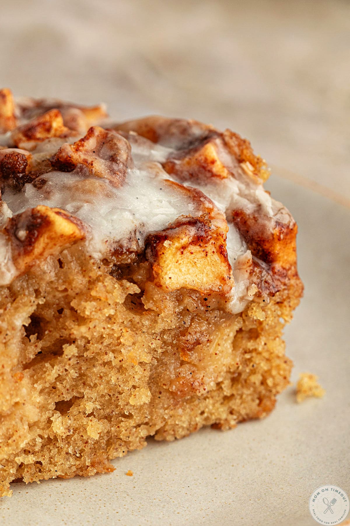 Close up look at apple fritter cake piece on plate.
