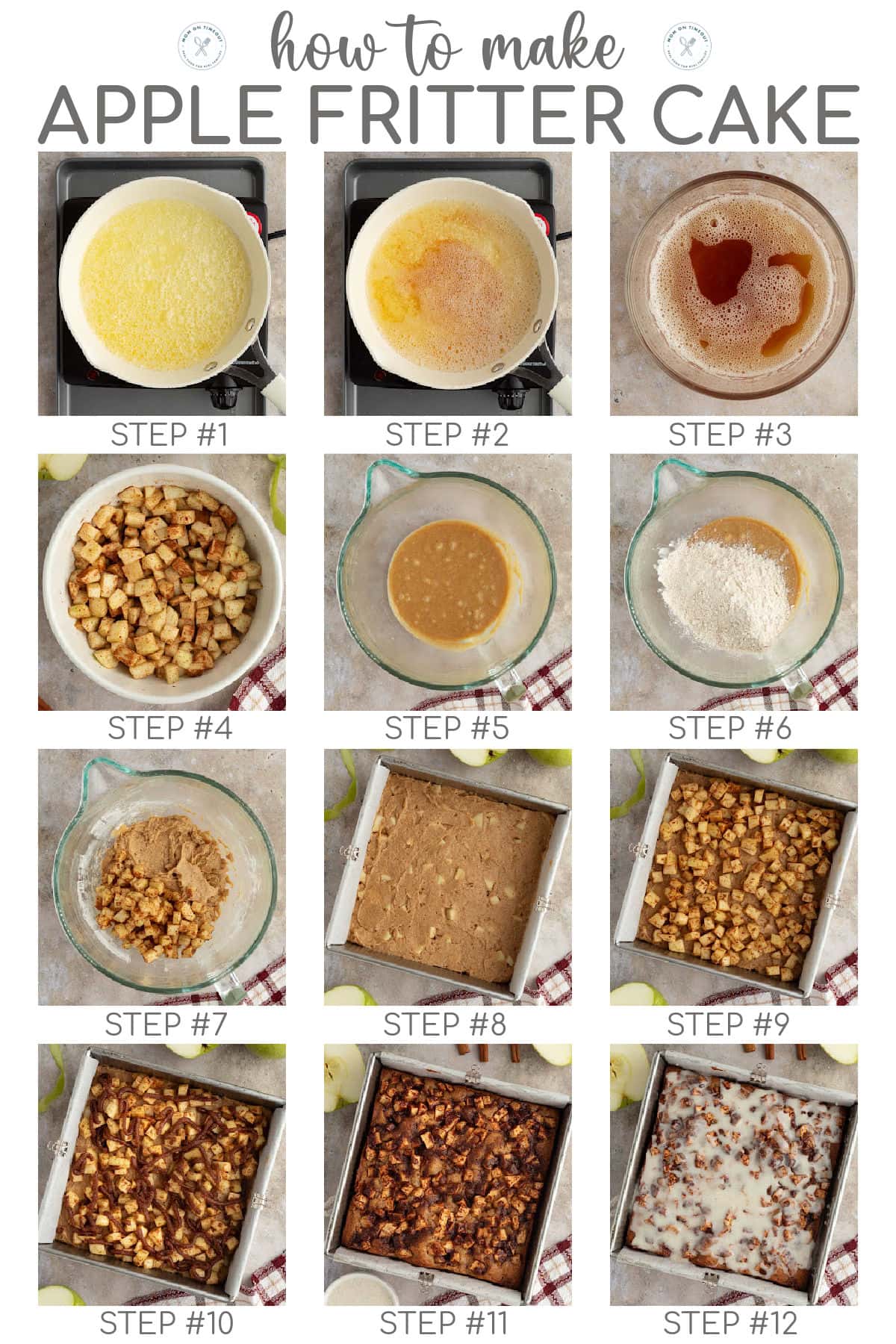 Twelve image collage showing how to make apple fritter cake step by step. Text overlay at the top.