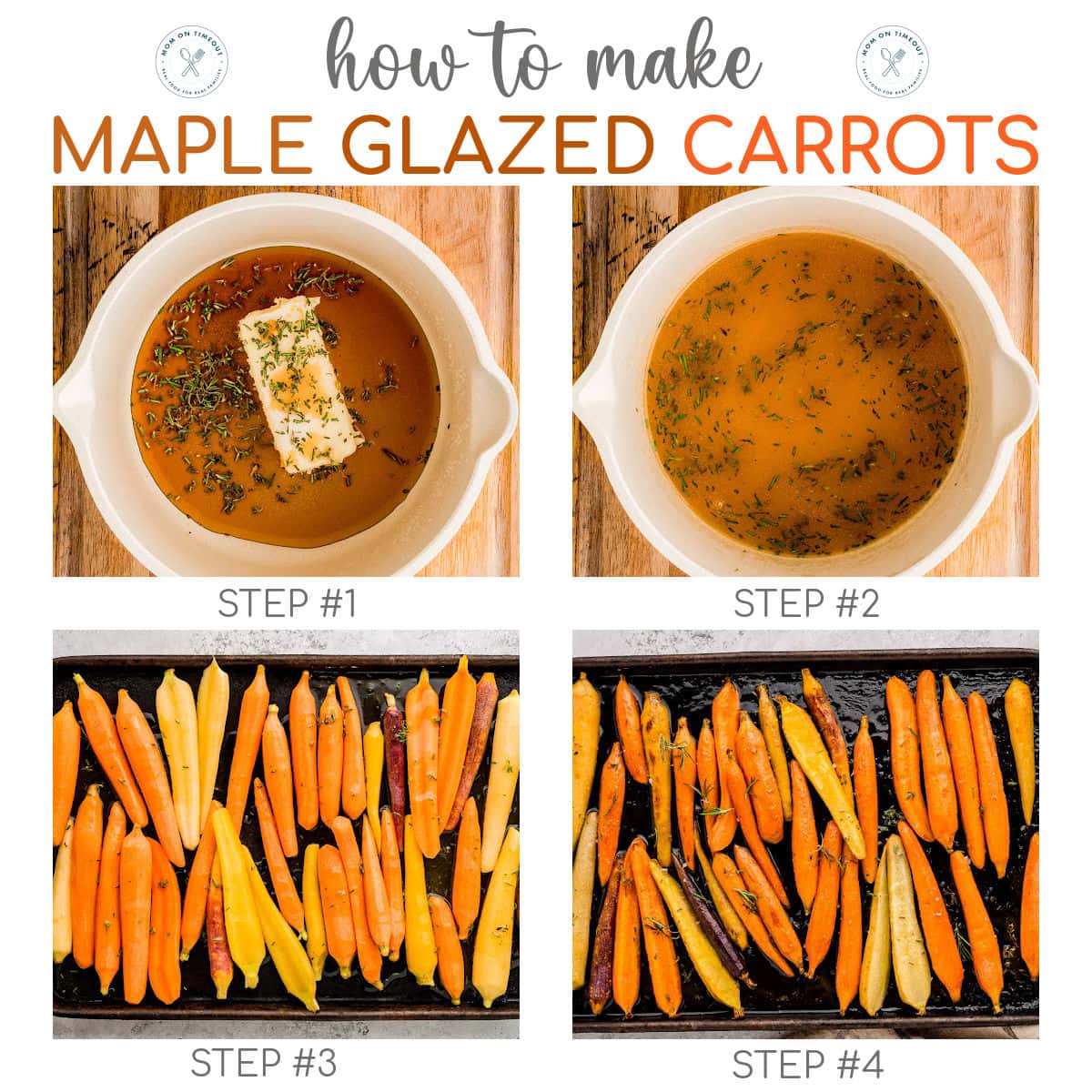 Four image collage showing how to make glazed carrots step by step. Text overlay at top of image.