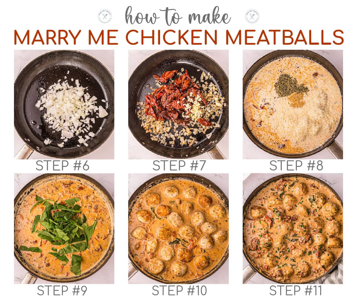 Six image collage showing how to make the sauce for the marry me chicken meatballs.