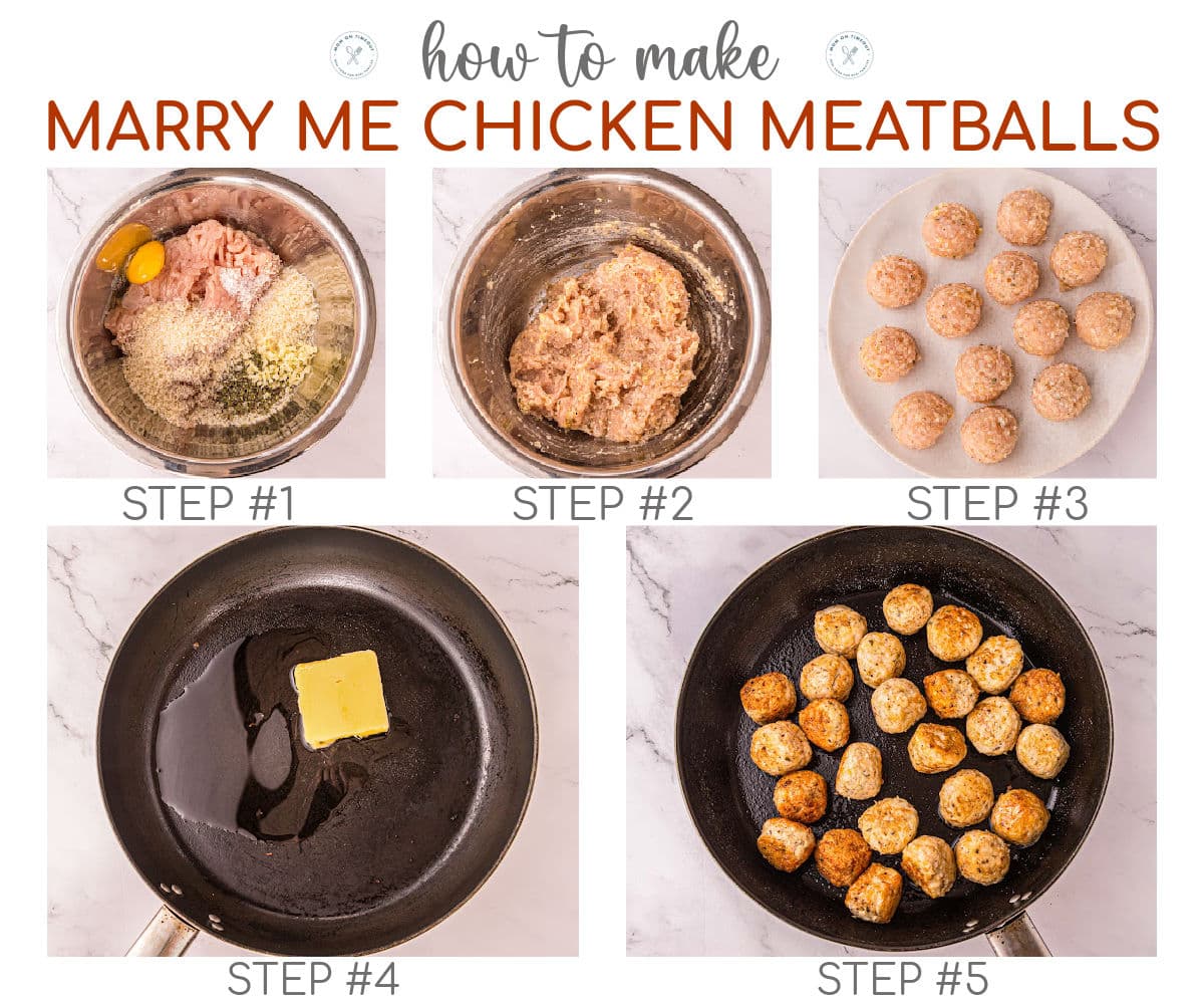 Five image collage showing how to make chicken meatballs step by step.