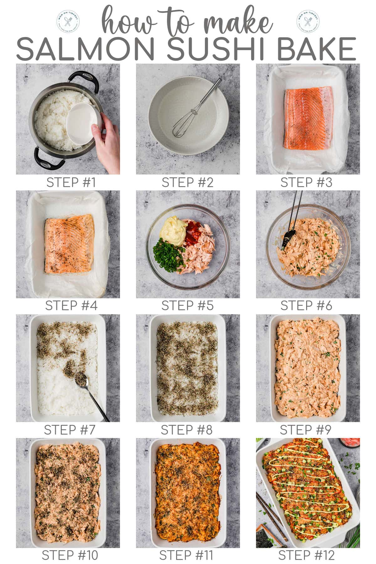 Twelve image collages showing how to make sushi bake step by step. Text overlay at top of image.