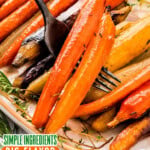 Tall graphic showing two maple glazed carrots being lifted off a platter with a black fork. Text overlay at top and bottom of image.