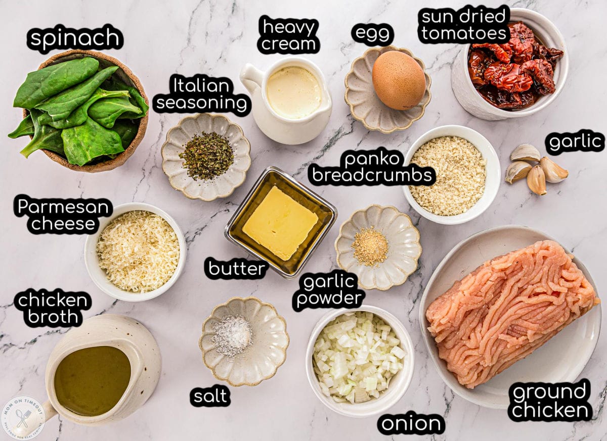 Overhead shot of marry me chicken meatball ingredients with labels.