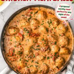 Tall graphic showing marry me chicken meatballs in skillet garnished with parsley. Text overlay at top and bottom of image.