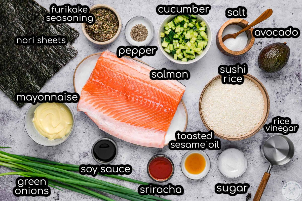Overhead shot of sushi bake ingredients measured out and labeled.