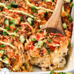 Tall graphic showing a salmon sushi bake in the 9 x 13 baking dish. Text overlay at top and bottom of image.